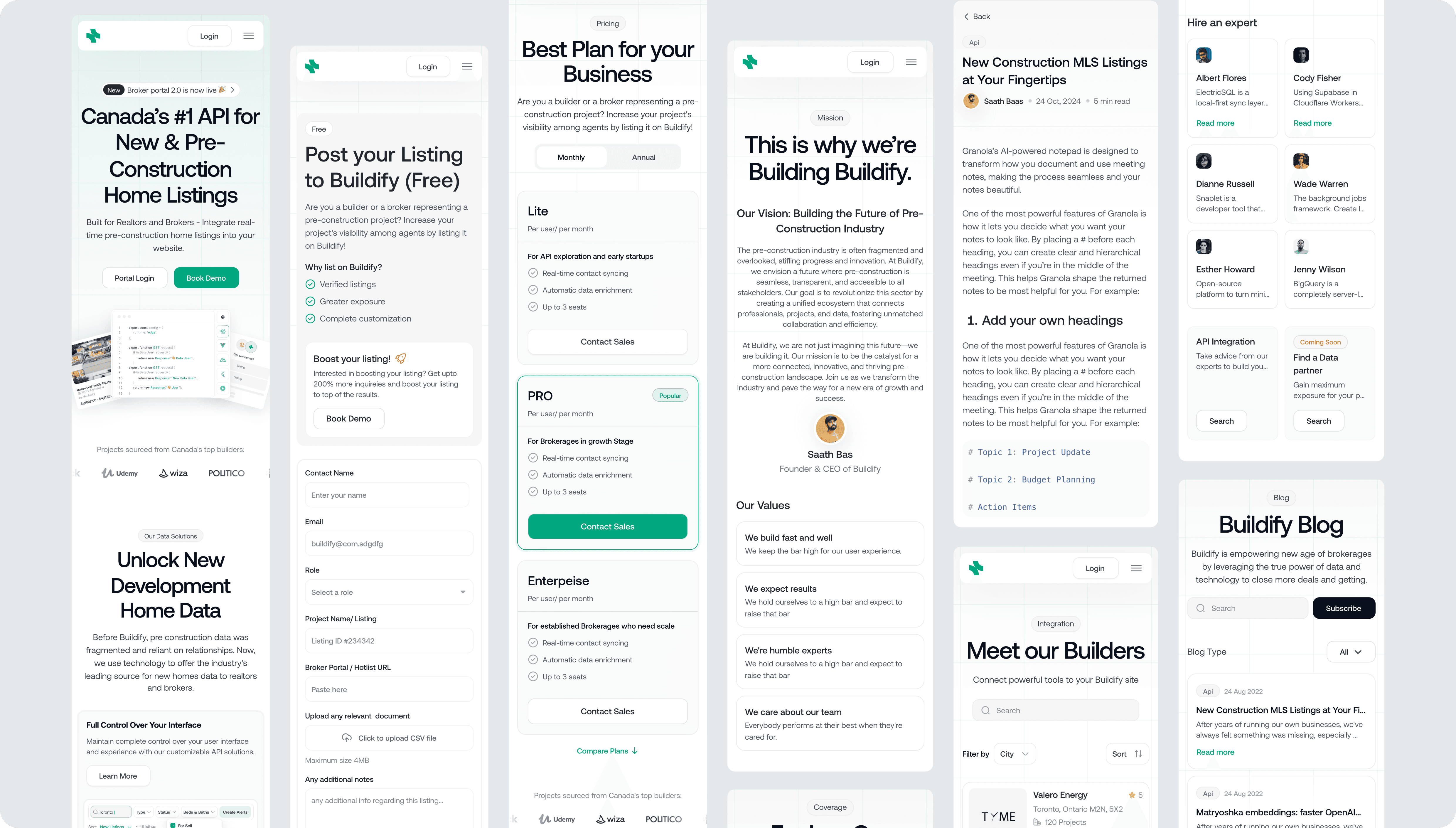Responsive mobile marketing pages for real estate SaaS showcasing listing submission, pricing plans, mission statement, and blog layout across device screens.