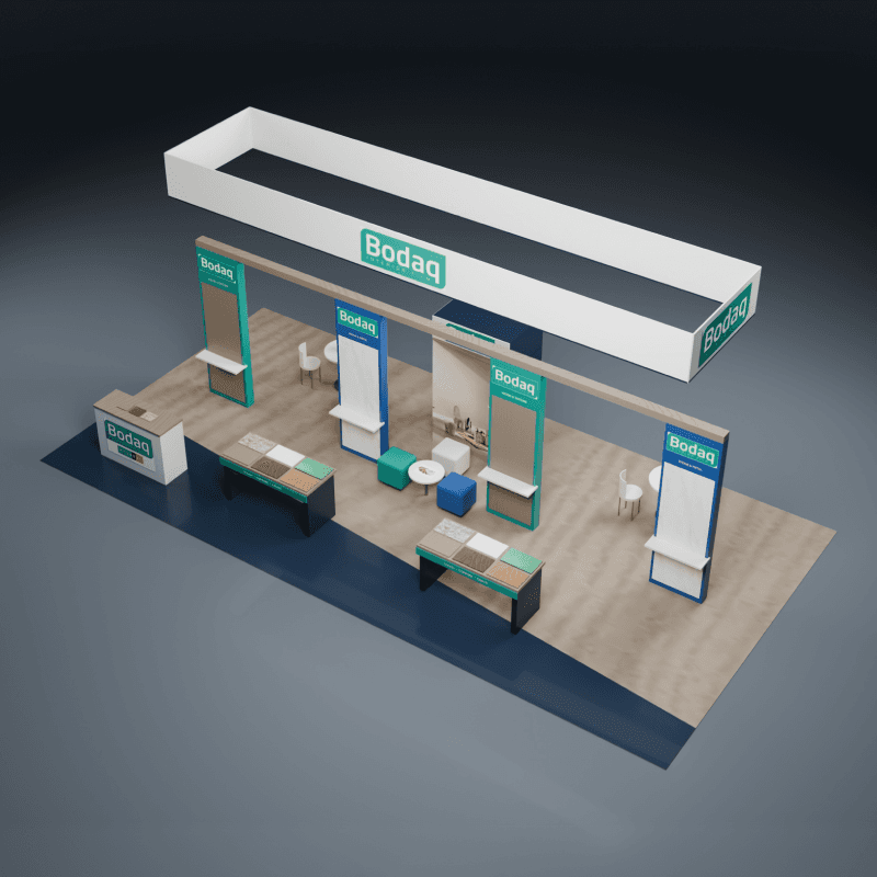 20x40 architectural material trade show booth with product samples and buyer consultation areas