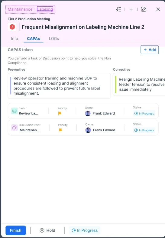 EmpowerOps CAPA screen for a labeling machine misalignment with preventive and corrective actions