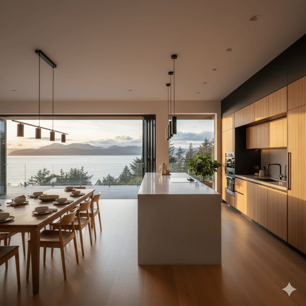 Modern two-story home with large glass windows, warmly lit interiors, and a balcony. Surrounded by trees and a manicured lawn at dusk. Cozy ambiance.