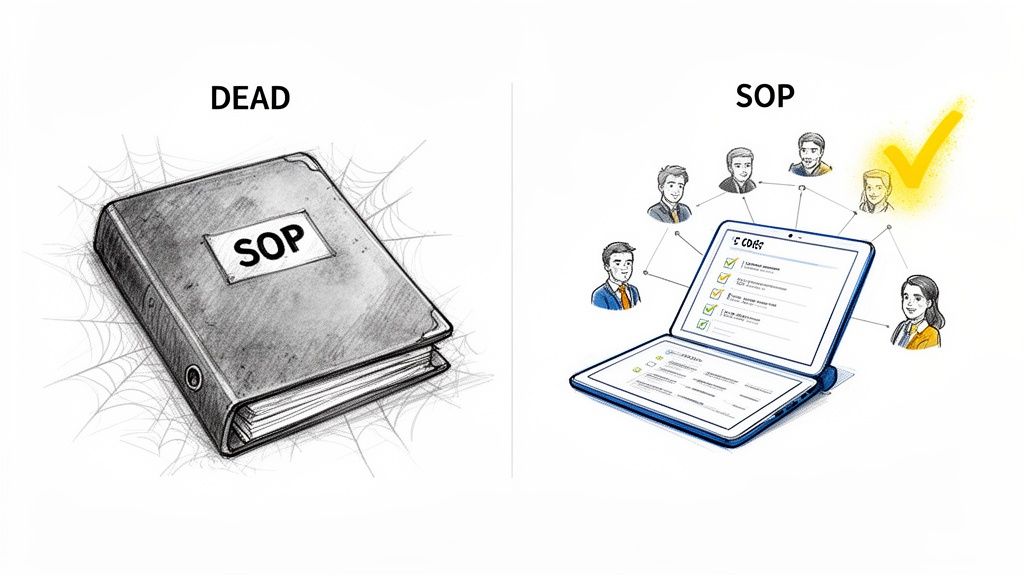 An old, dusty SOP binder contrasted with a modern digital SOP checklist connecting a team.