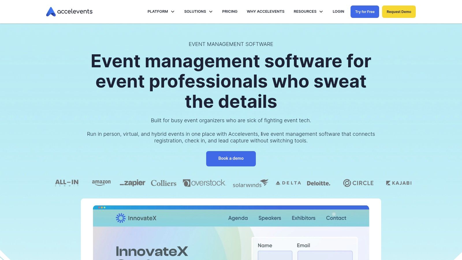 Accelevents registration and event management interface