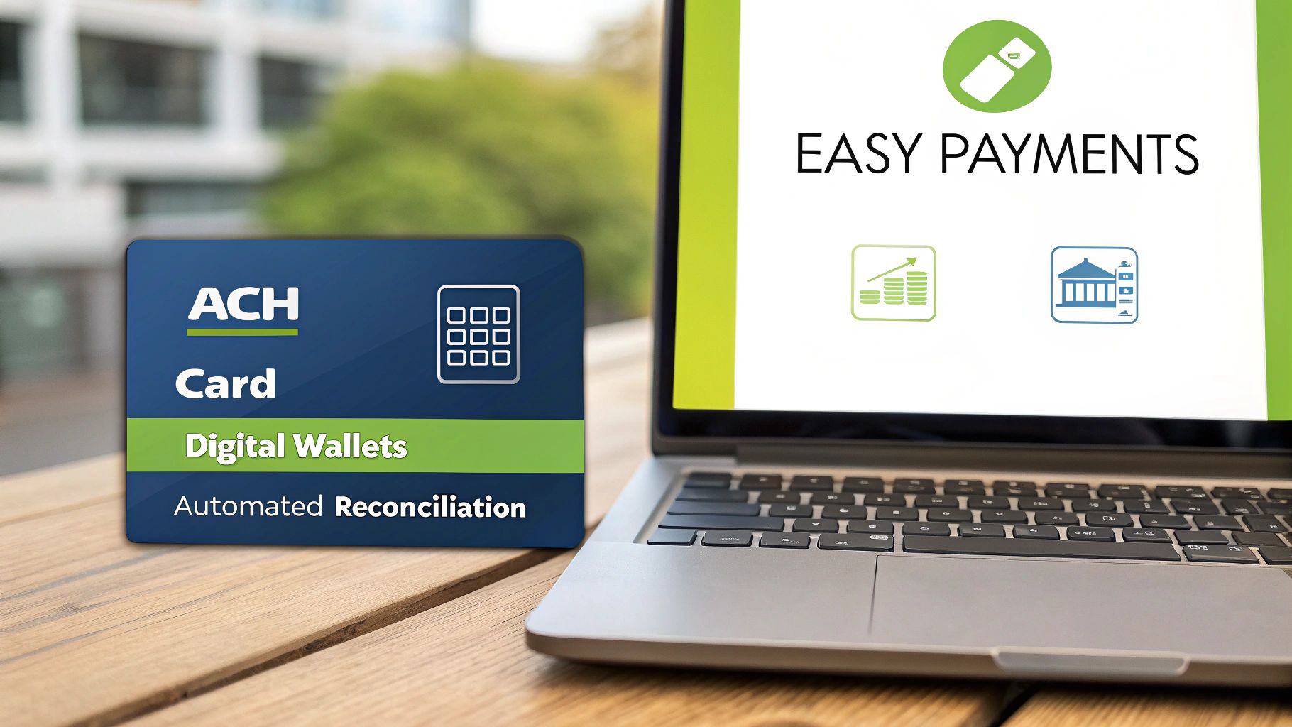 An ACH Card, digital wallets, and automated reconciliation beside a laptop displaying easy payments.