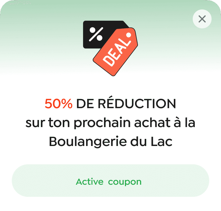 Carte promotionnelle affichant 10 % de réduction sur l'achat PimPay du lundi avec une offre de coupon active