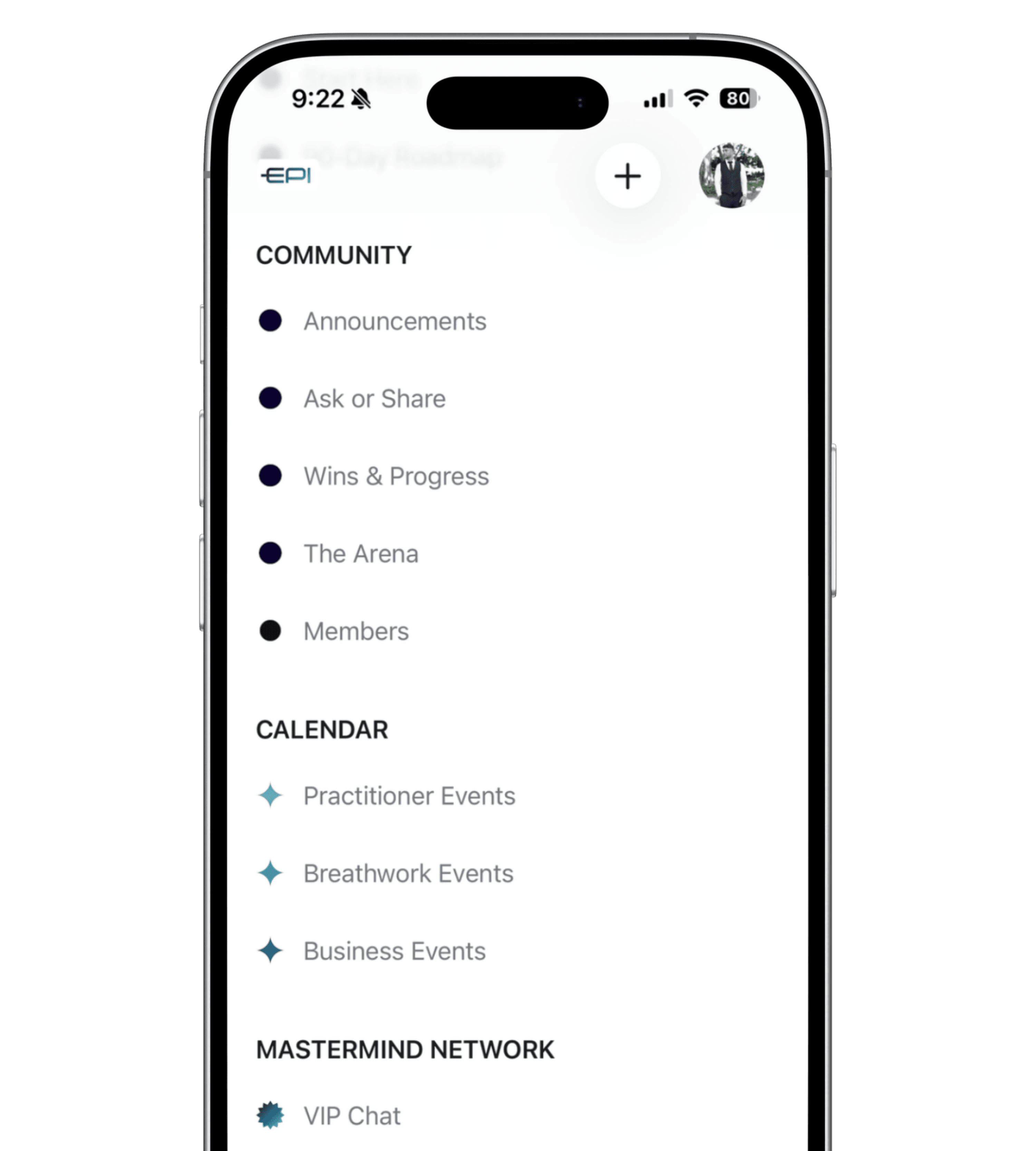 EPI Collective mobile app navigation showing modules, calendar and community features