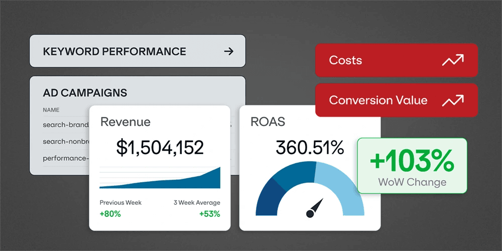 A graphic showing various performance metrics: costs, conversion value, ROAS, revenue, and ad campaigns.