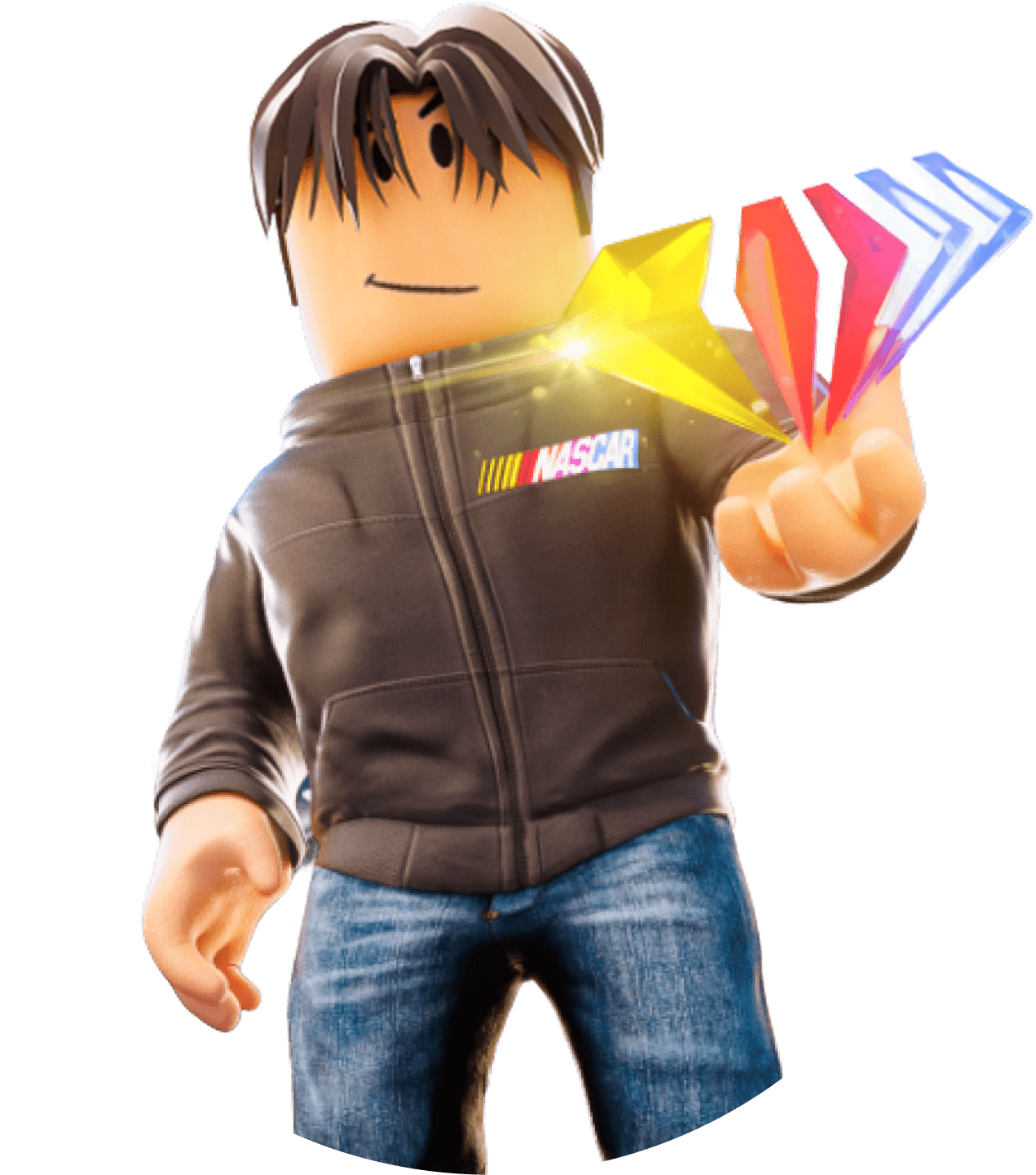 Roblox character in a NASCAR jacket holding glowing shapes.