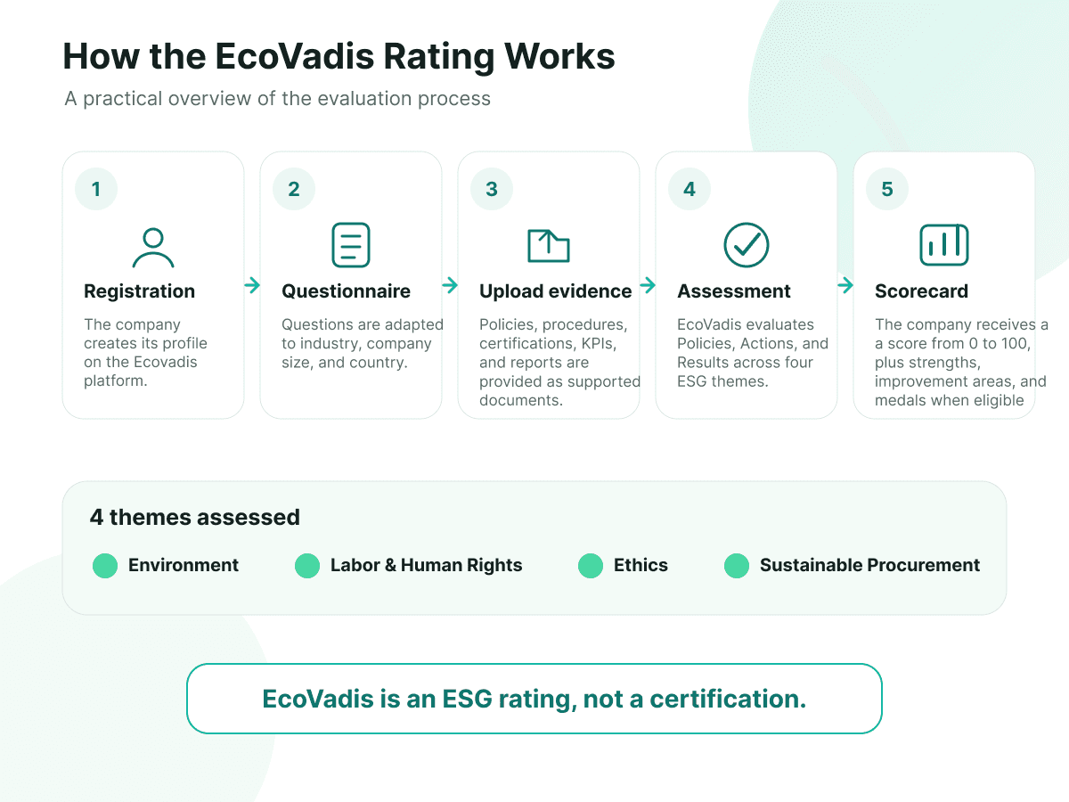 Infographic explaining how the EcoVadis sustainability rating system works. The graphic shows the four assessment pillars — Environment, Labor & Human Rights, Ethics, and Sustainable Procurement — connected to a central EcoVadis score. It also illustrates the evaluation process, scoring methodology, and medal levels awarded to companies based on their sustainability performance.