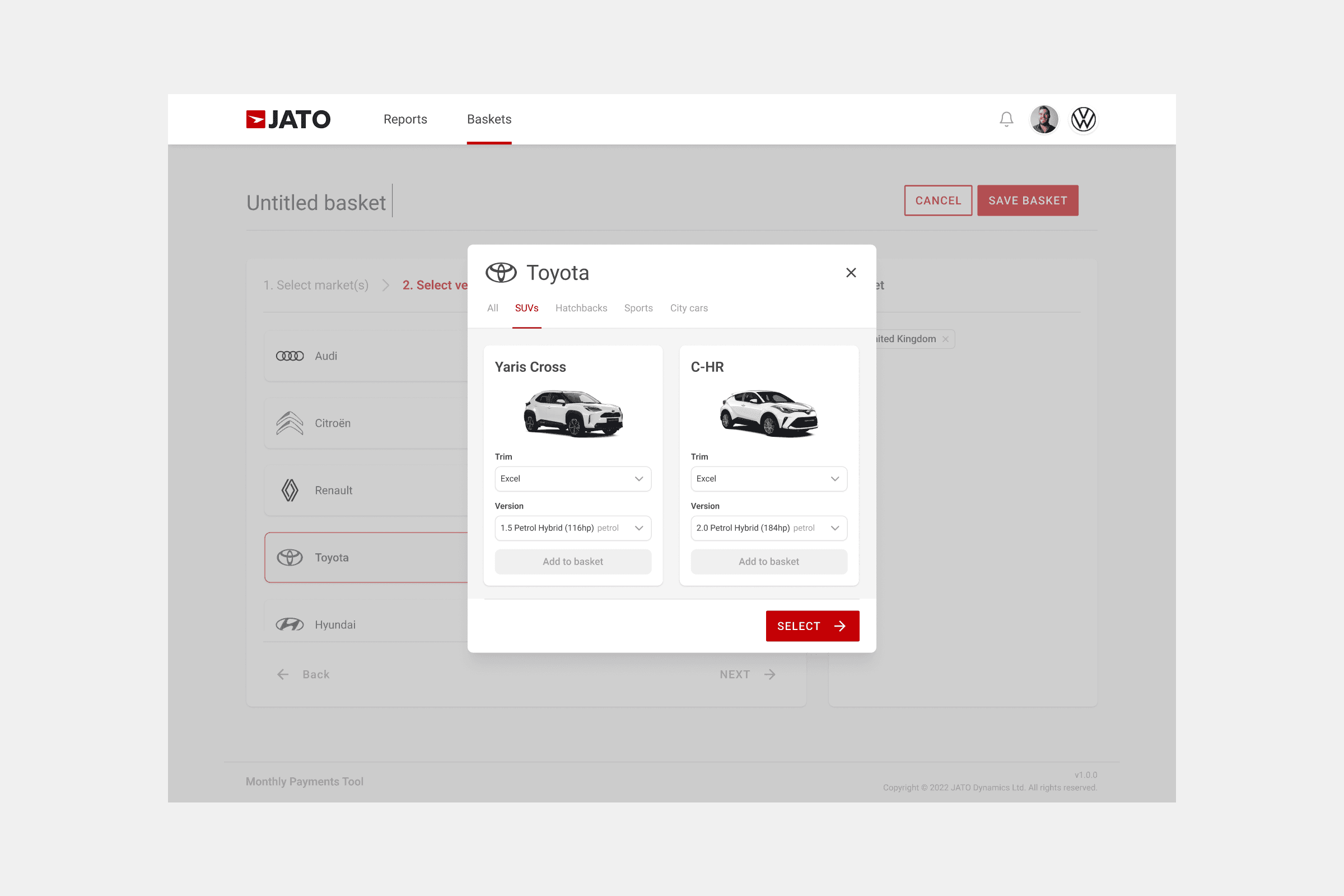 JATO basket builder with Toyota model selection modal showing Yaris Cross and C-HR with trim and version dropdowns