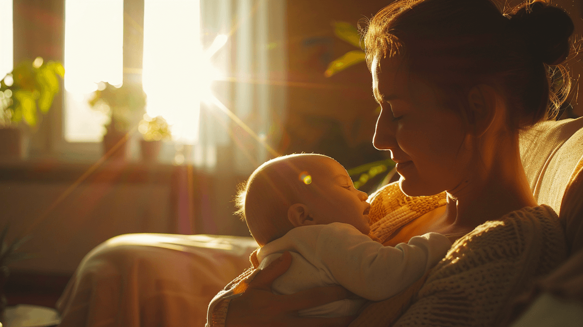 Mother and baby on a bed