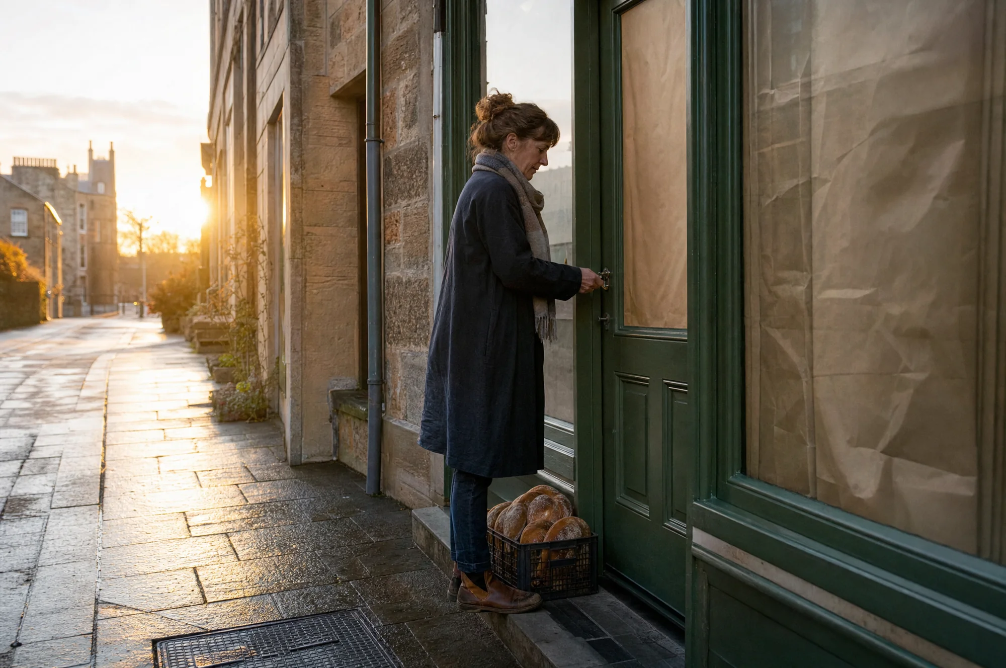 A woman unlocking the door of a newly fitted shop at dawn