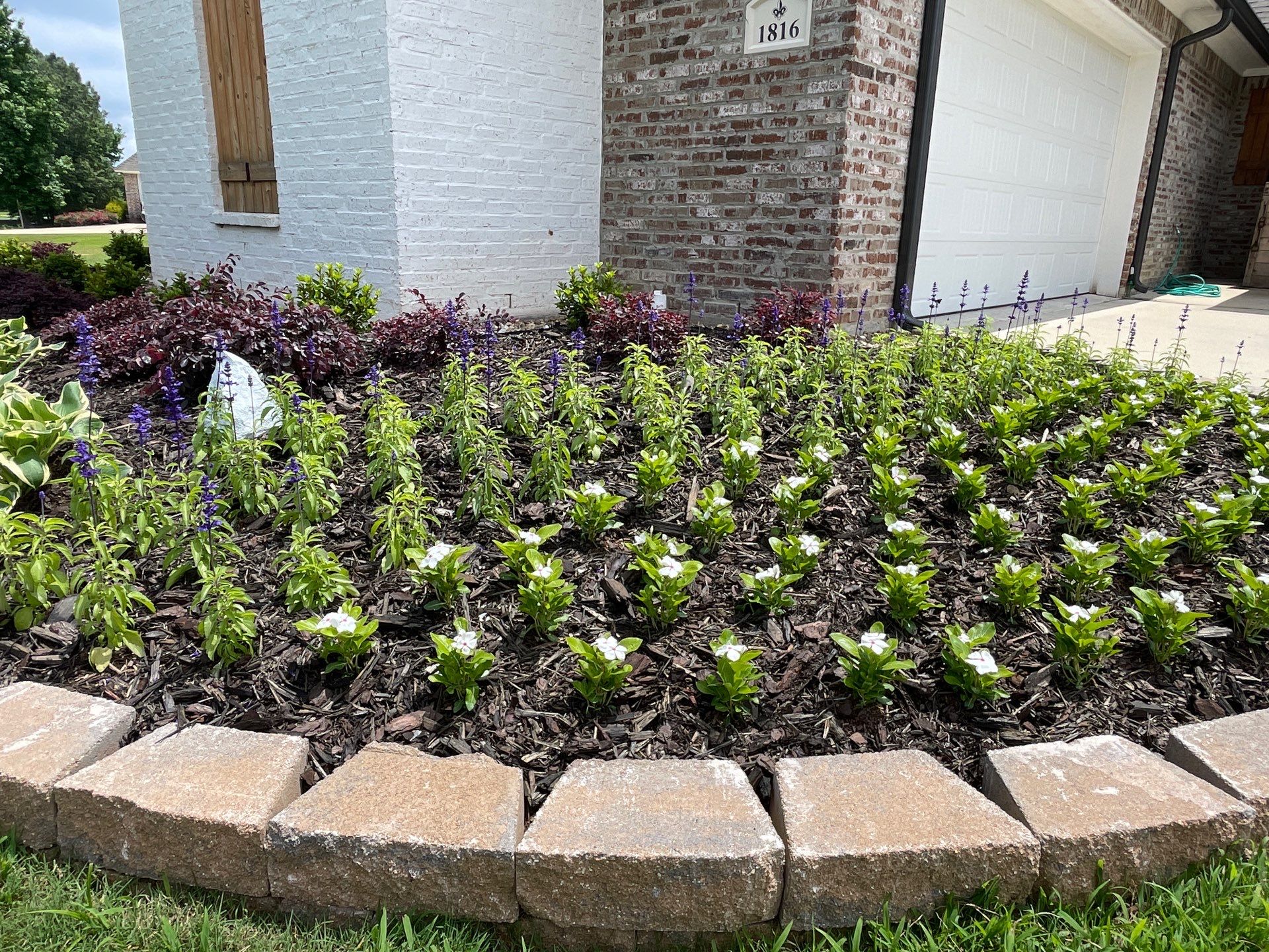 Gardener planting colorful flowers in soil with gloves and a small shovel.