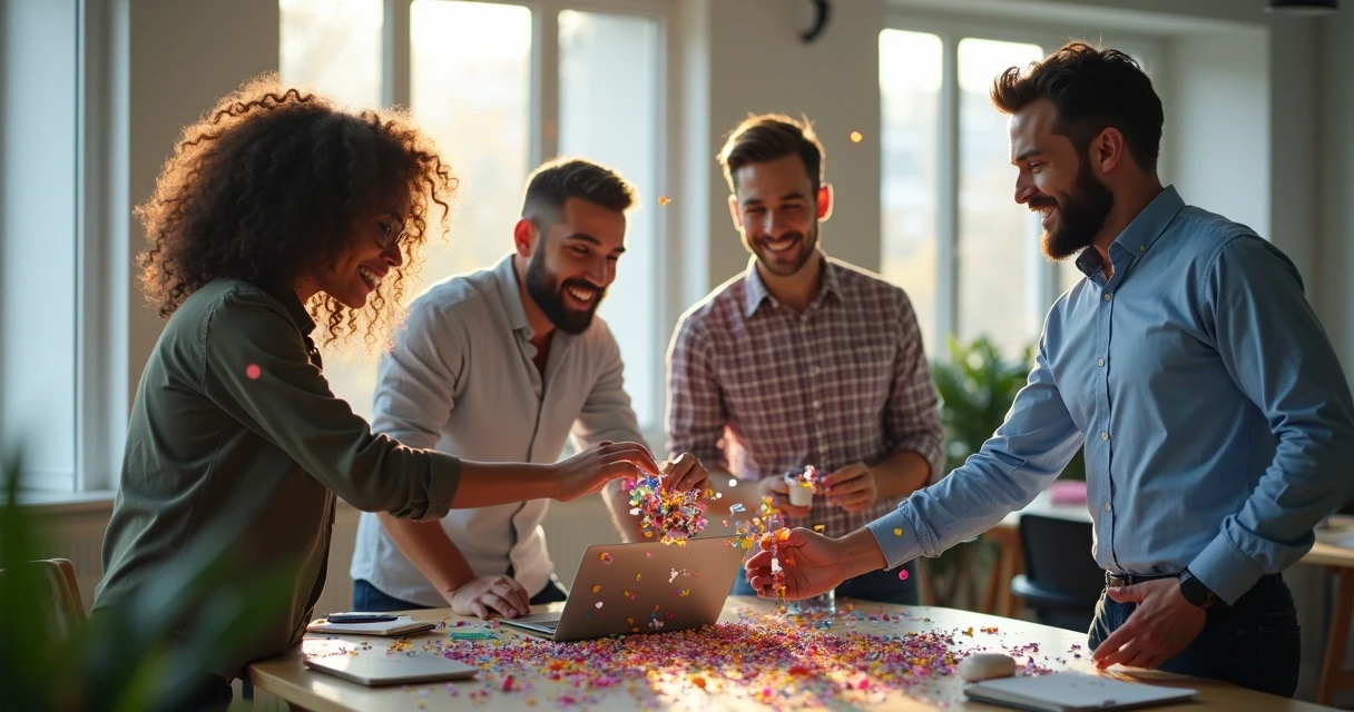 Colaboradores celebrando em escritório.