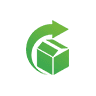 Green recycling icon with an arrow circling a cube.