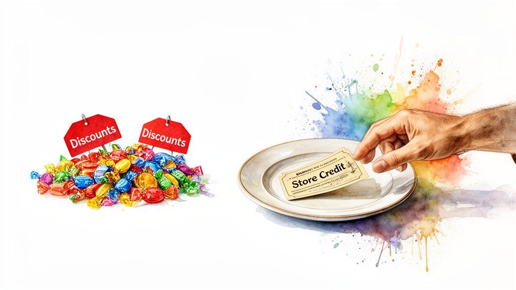 A hand places a 'Store Credit' slip on a plate next to colorful candies with 'Discounts' tags.