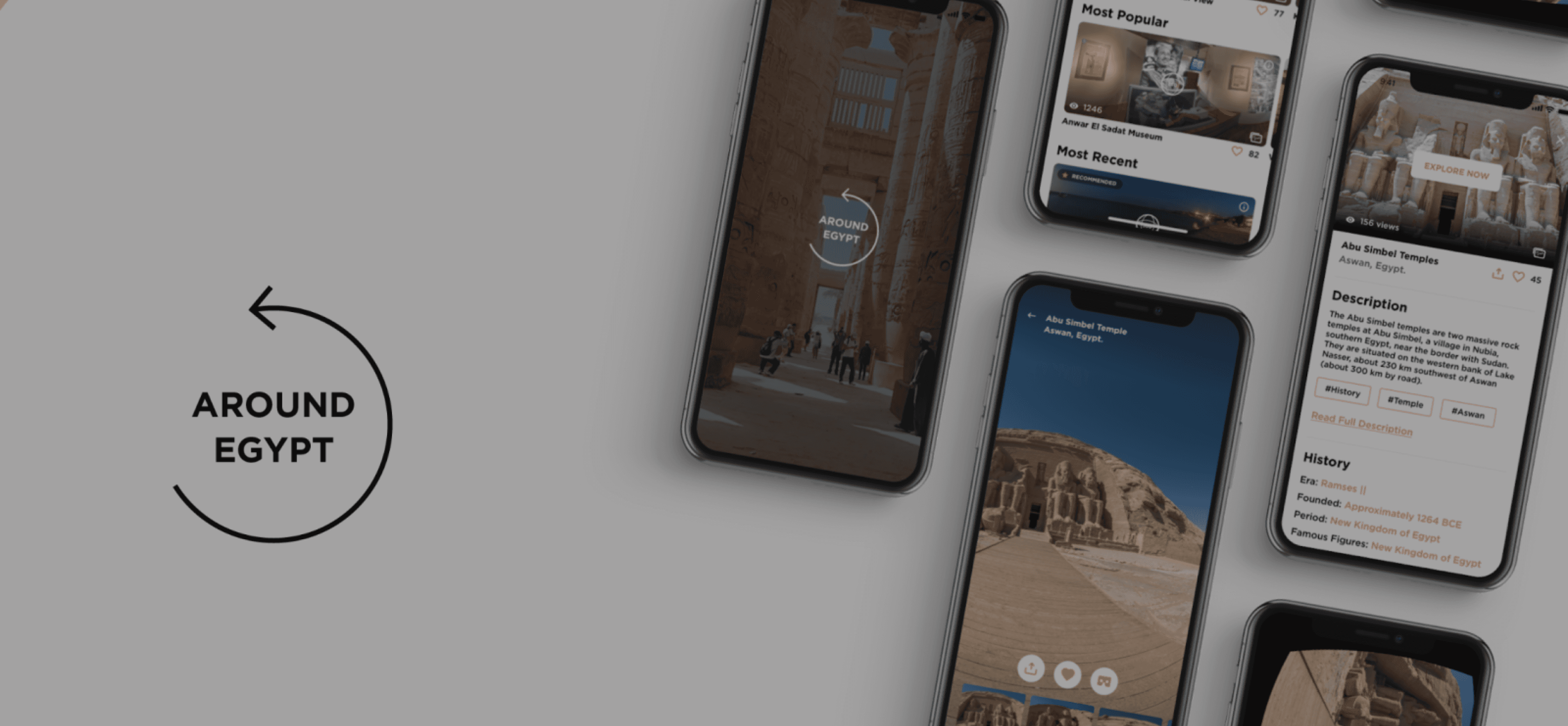 'Around Egypt' app screens background featured in AUC coverage of 34ML's 'Around Egypt' 360 VR app for immersive virtual tours.