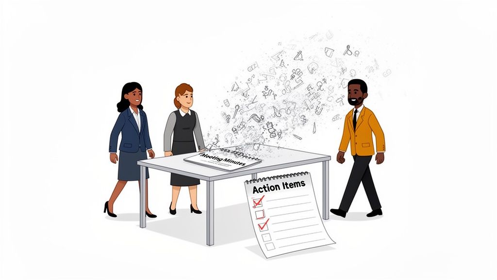 Three cartoon business people stand around a table with 'Meeting Minutes' and 'Action Items' documents.