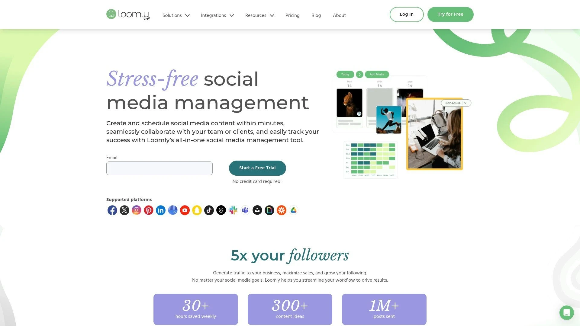 Loomly homepage showcasing social media management features, supported platforms, and stats about time saved and posts sent