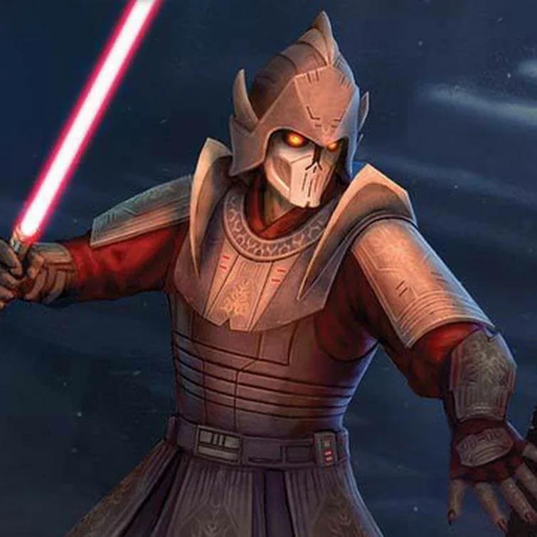 Darth Bane in his Clone Wars style armor wielding a red lightsaber