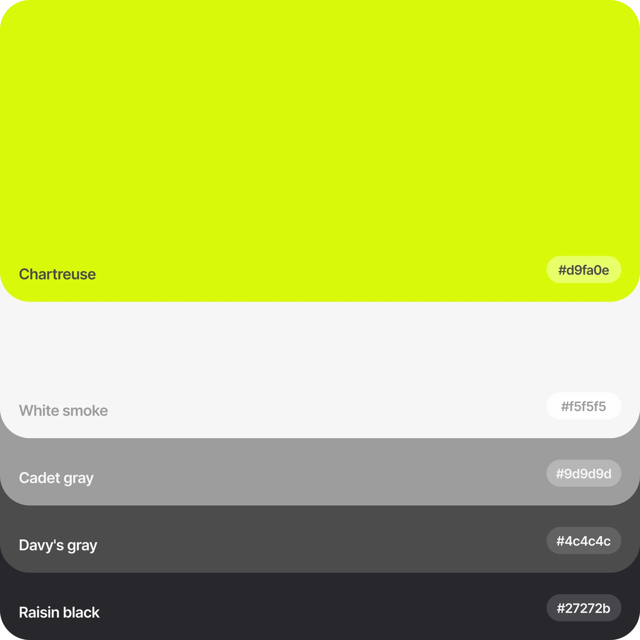 Color palette visual featuring five color swatches: Chartreuse (#d9fa0e), White smoke (#f5f5f5), Cadet gray (#9d9d9d), Davy's gray (#4c4c4c), and Raisin black (#27272b). Each swatch is labeled with its corresponding name and hex code.