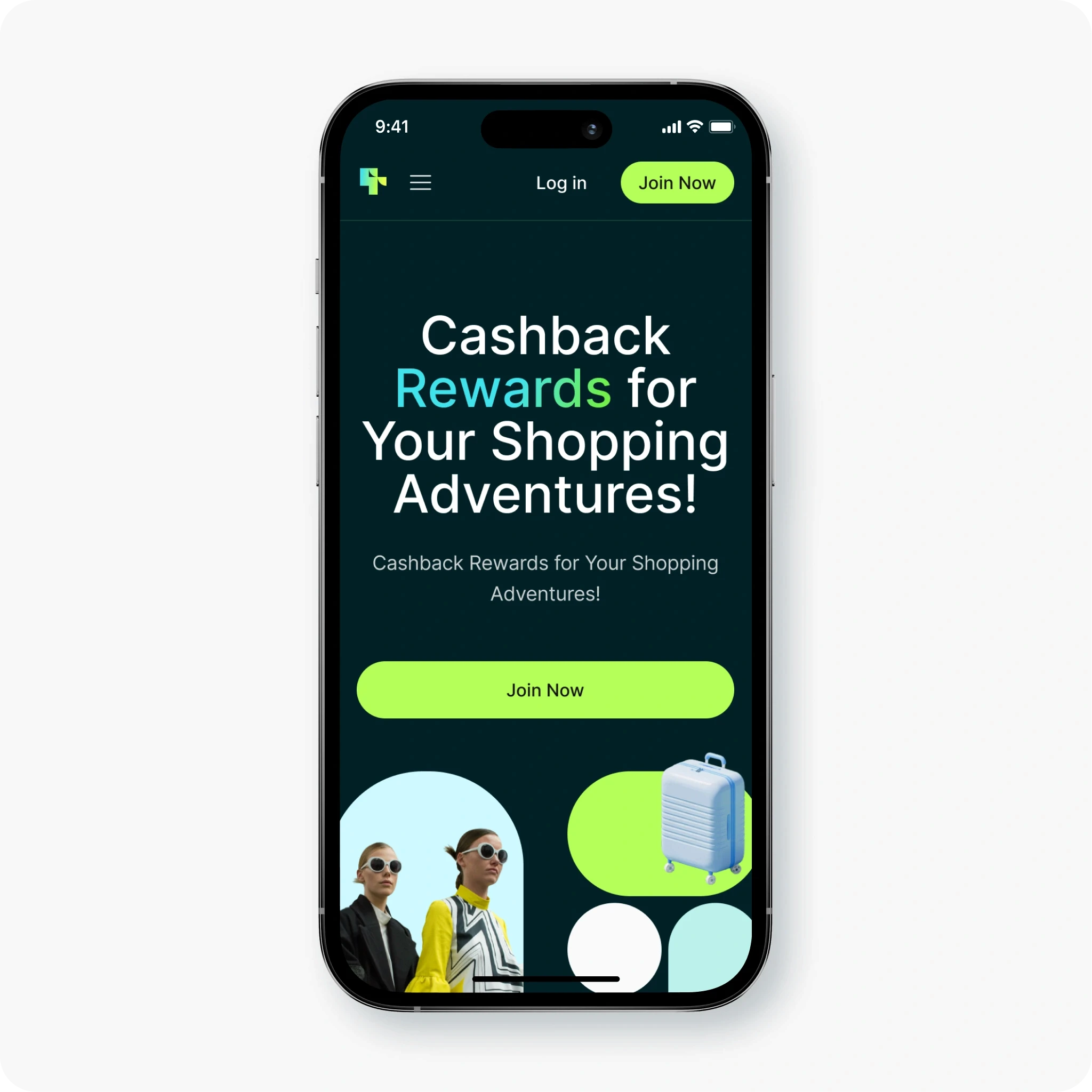 A mobile screen displaying the ReloadRewards app homepage, featuring a bold heading that reads 'Cashback Rewards for Your Shopping Adventures!' The design includes vibrant elements like a green 'Join Now' button, stylish figures in fashionable outfits, and a blue suitcase icon, set against a dark-themed background with green and light blue accents, emphasizing a modern and engaging shopping experience.