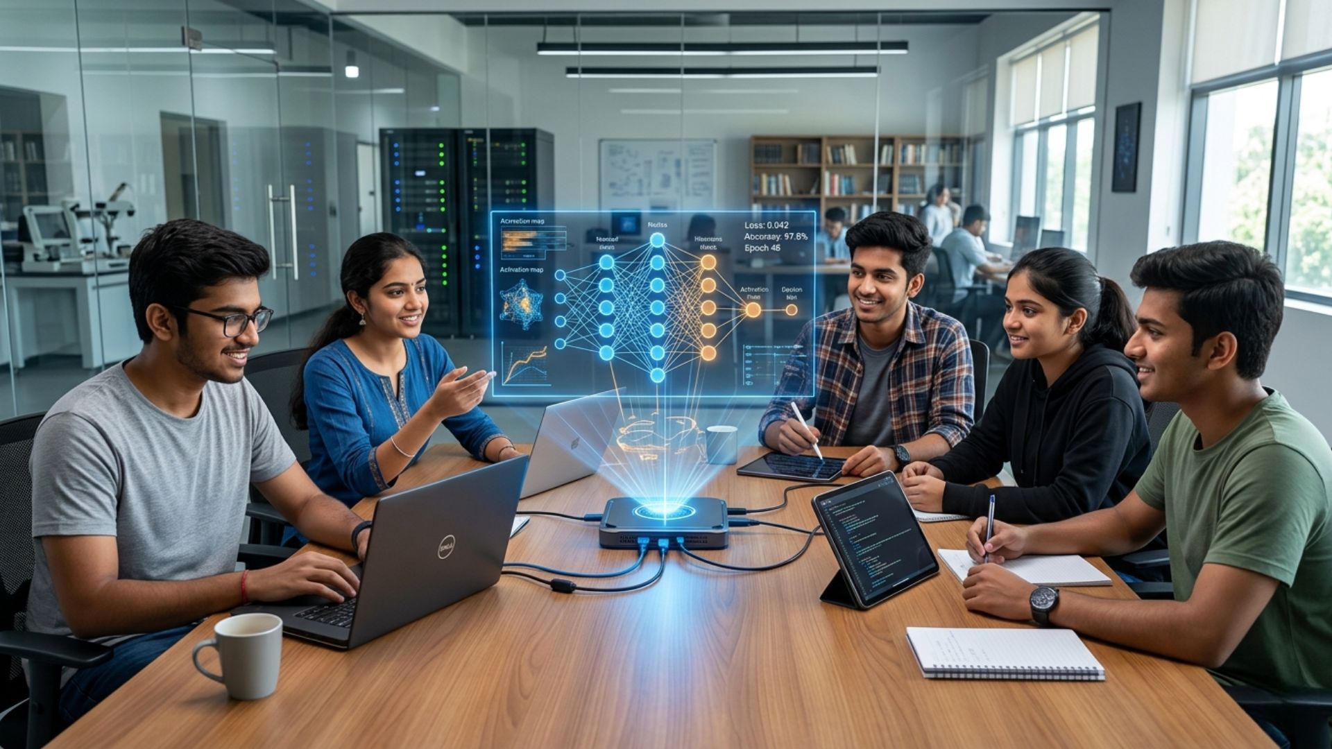 Students collaborating on AI and coding projects in a modern lab while exploring the future of computer science careers