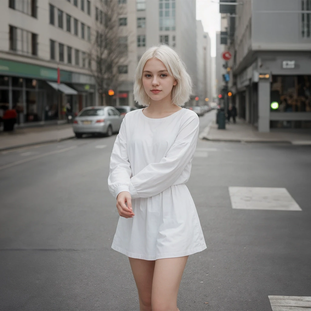 A beautiful girl with white hair standing on a street in a white dress and white skirt, her arms crossed across her chest. AI Fashion Model. Modiqlo