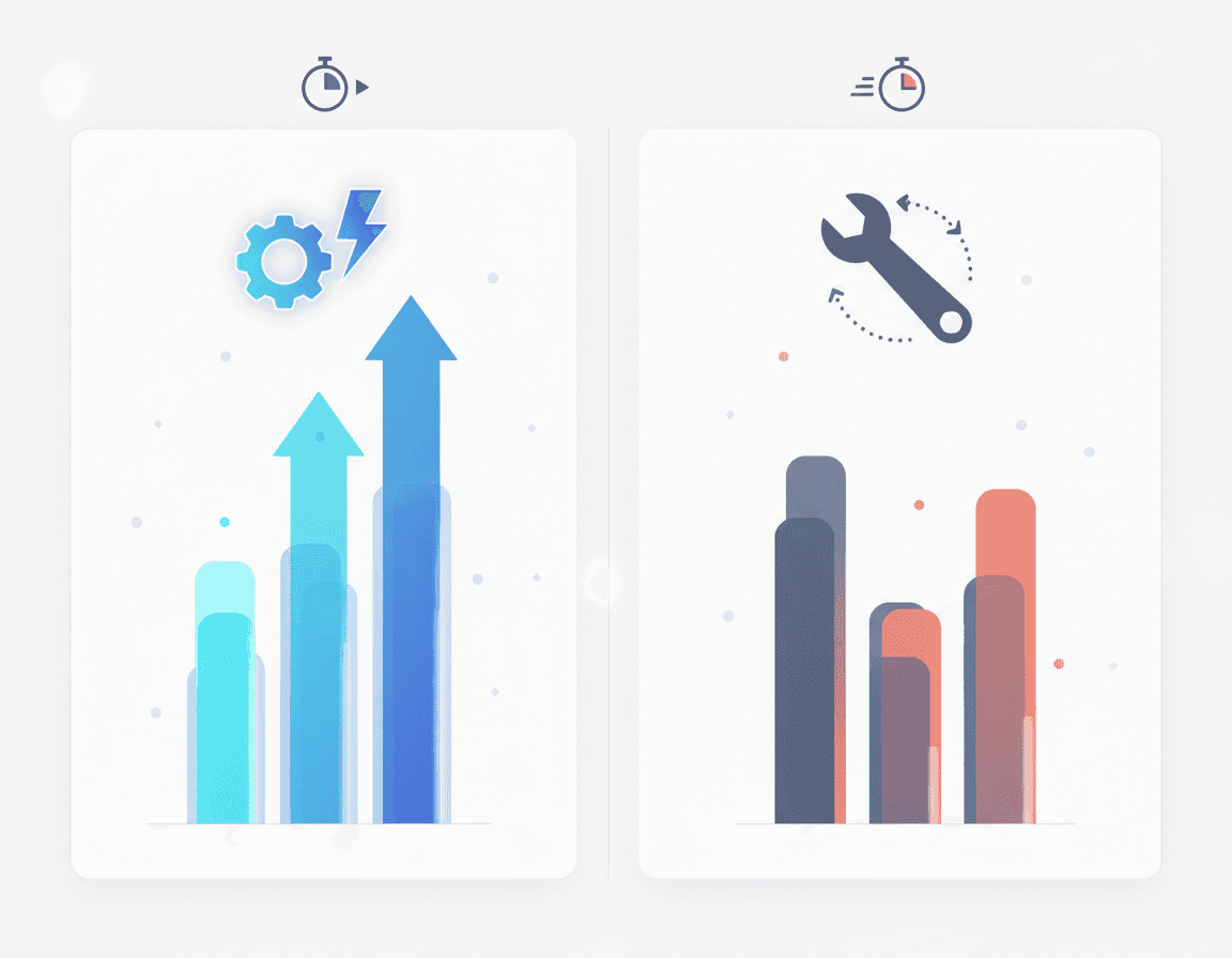 Side-by-side abstract bars and icons contrasting automated and manual CMS refresh performance.