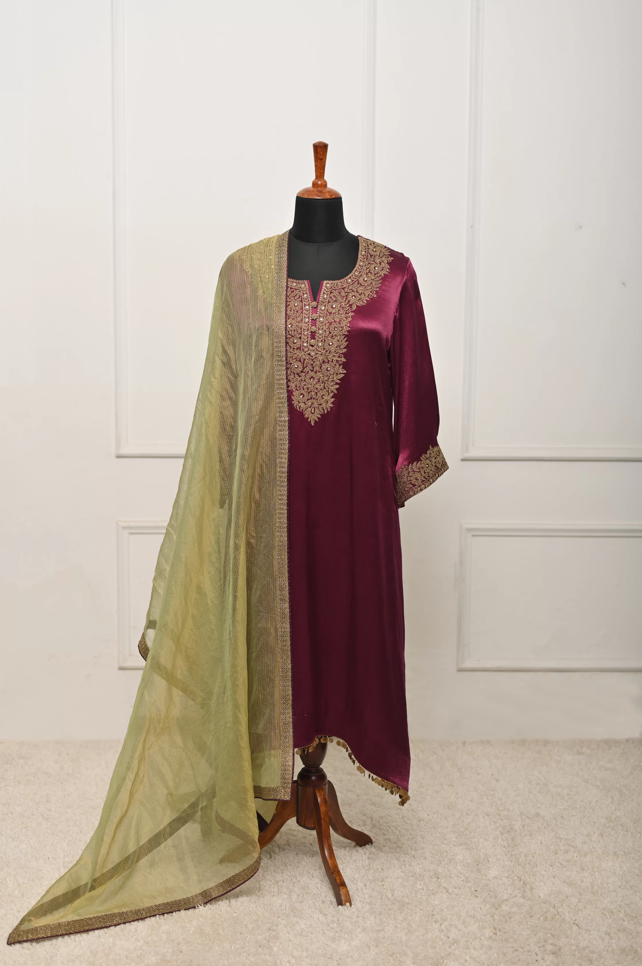 Deep Wine Embroidered Kurta Set 1