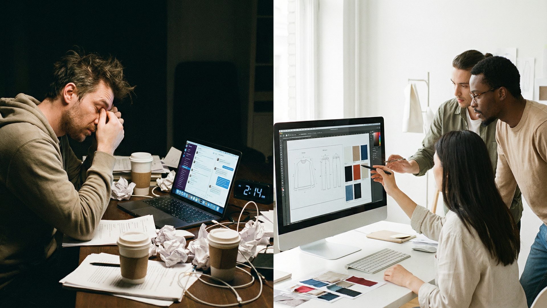 The two paths: on the left, a brand founder at 2 AM, exhausted and surrounded by supplier chat windows; on the right, a clean professional design studio where a team reviews a tech pack together.