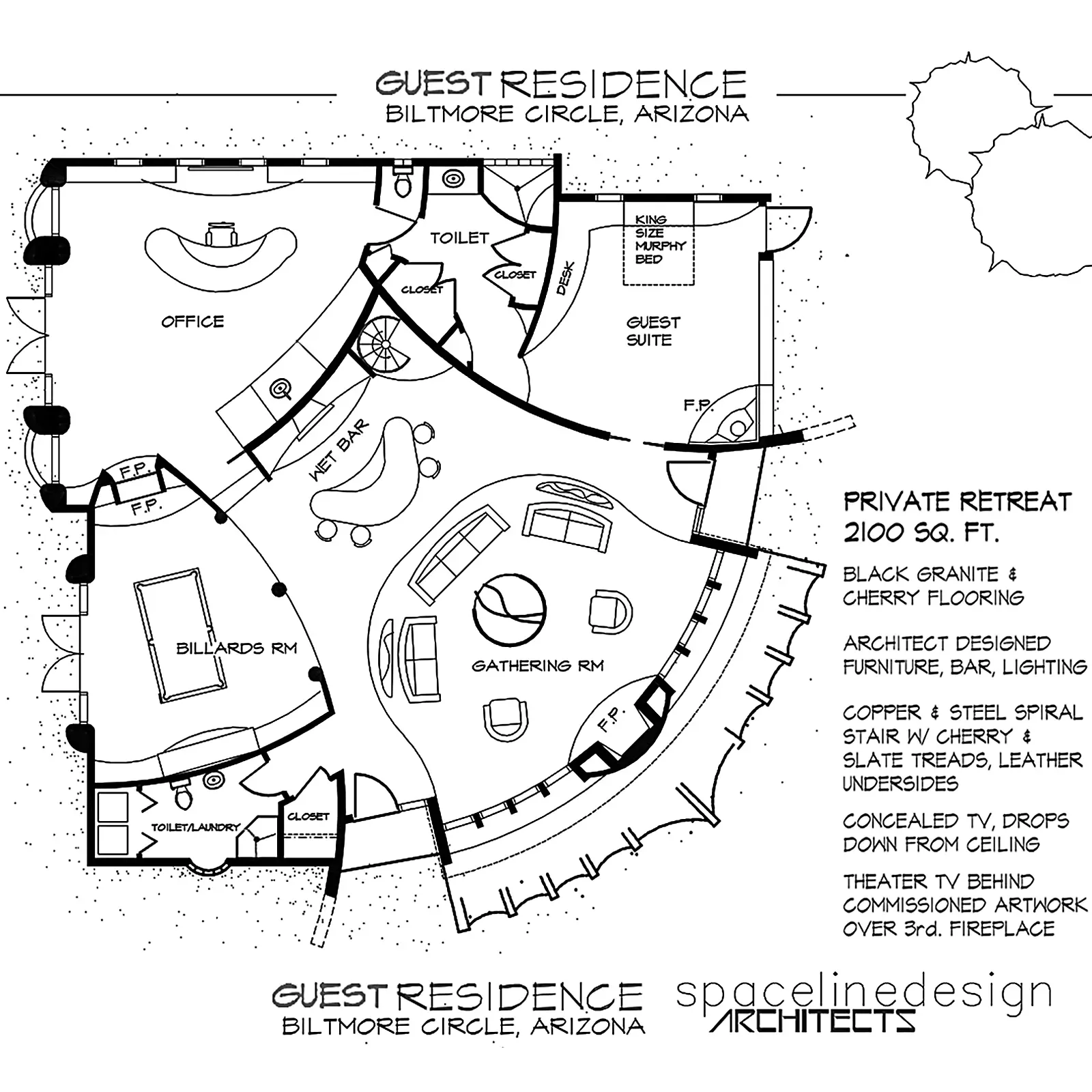 Radiating Floor plan fanning out from corner lot, offering Billiards, office, and guest suite.