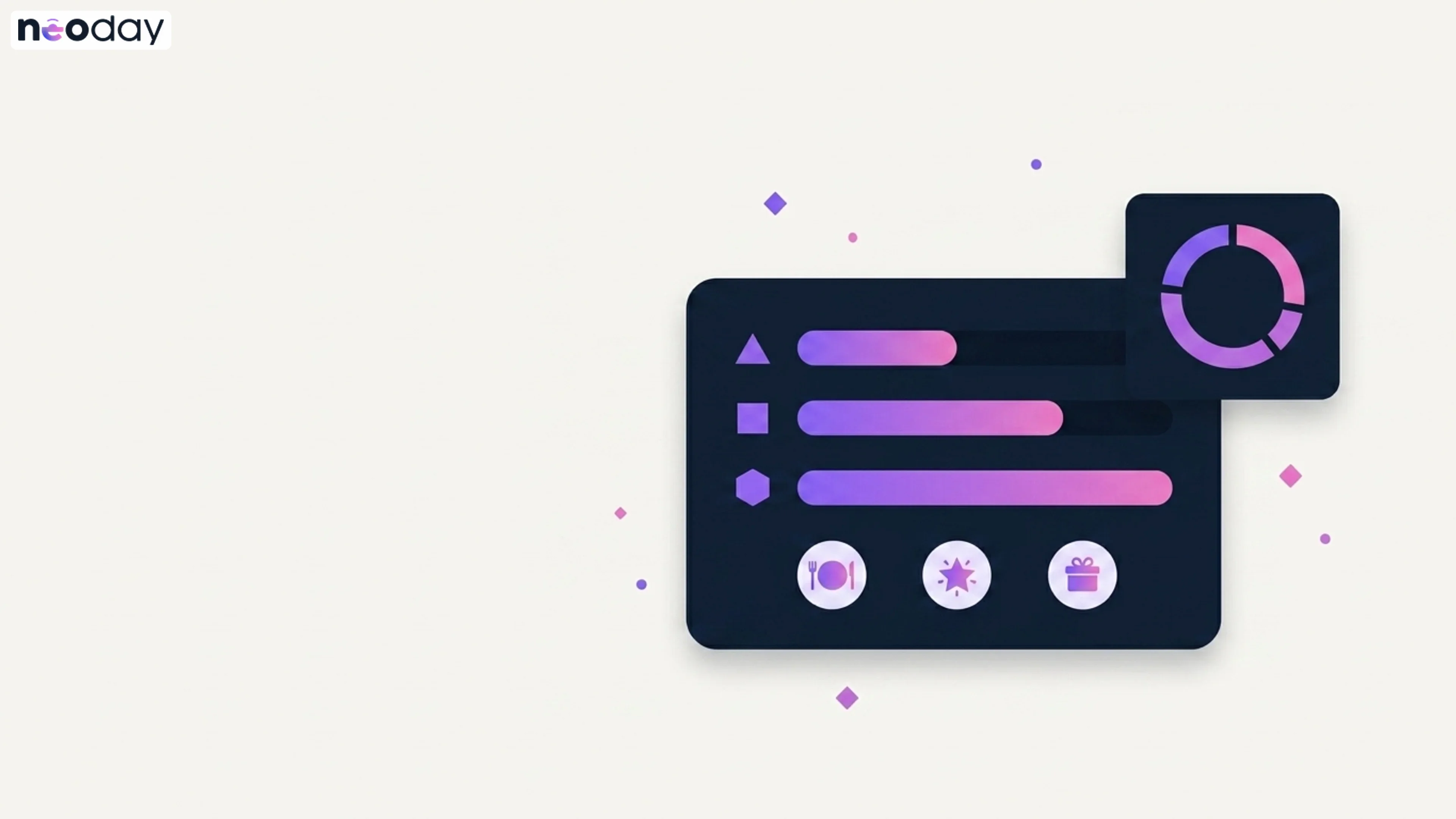 Abstract illustration of a restaurant loyalty program dashboard with violet and pink accents on a light background