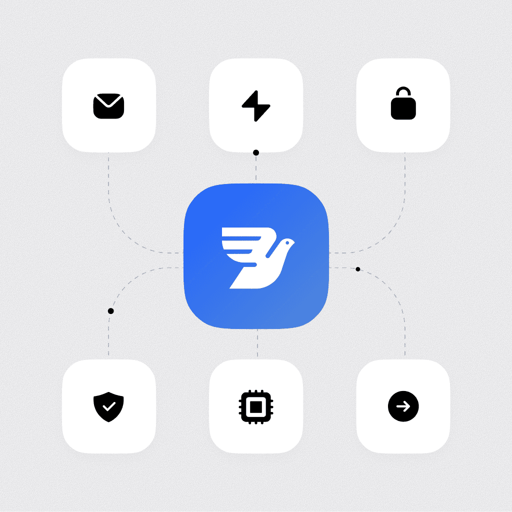 Bird platform logo connected to various icons representing email, security, and automation features.