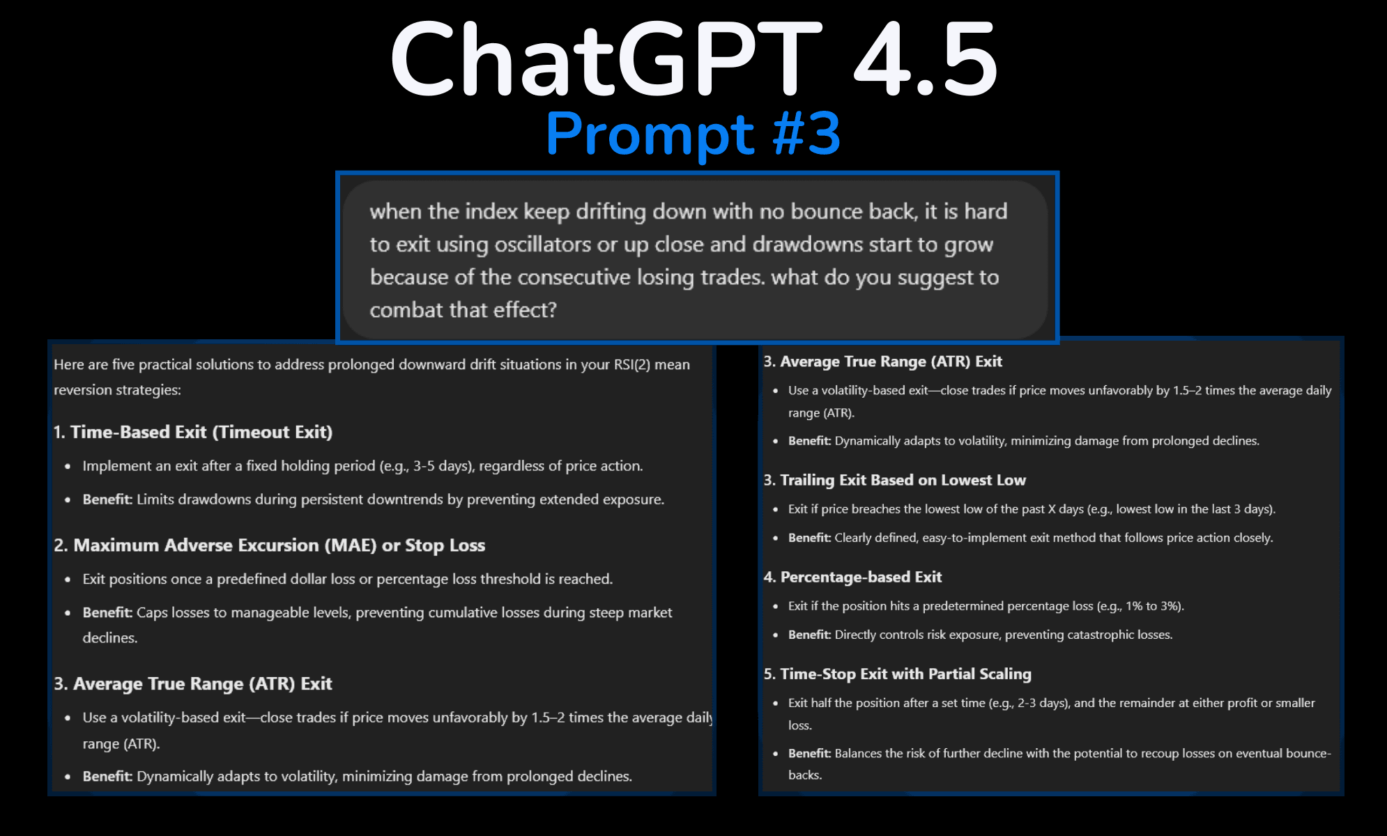 Prompt #3 AI-generated prompt requesting different exit strategies to reduce drawdowns and improve profitability