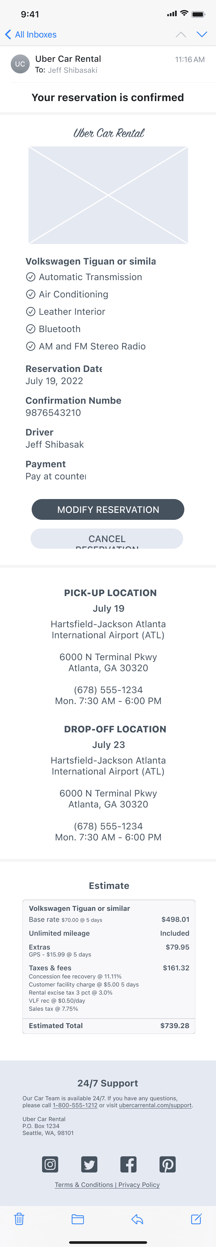 First draft of the car rental reservation confirmation email