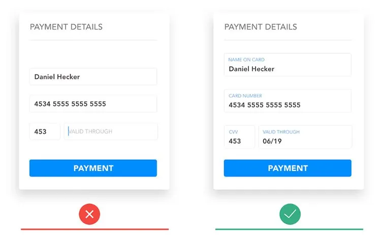 Two mobile payment forms compared: one without field labels marked wrong, one with clear labels marked right