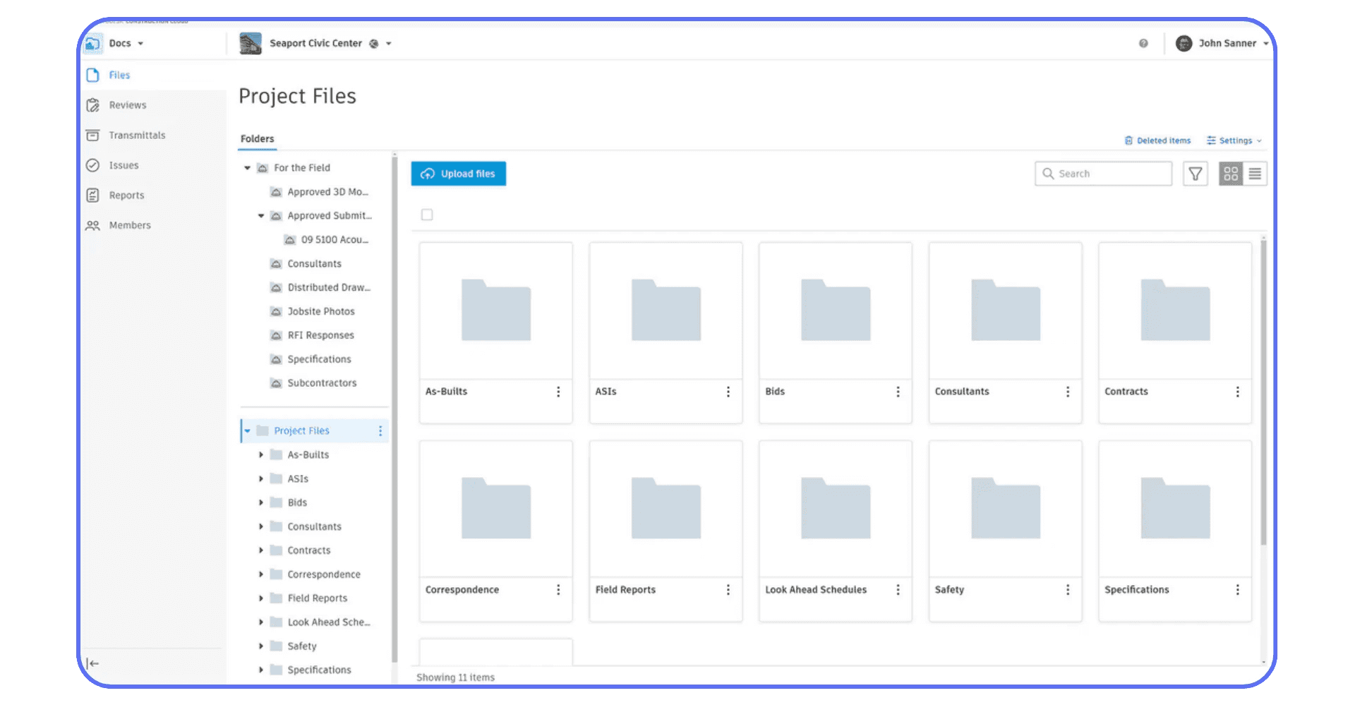 Cloud-based project management interface displaying organized folders for architecture documents, reports, and specifications.
