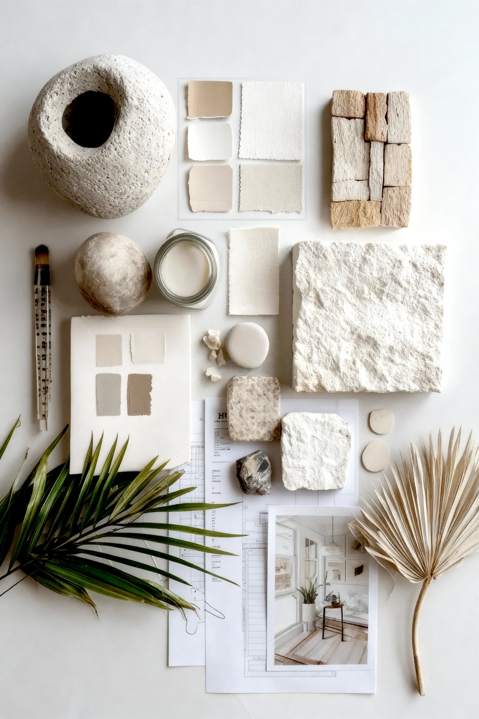 Flat-lay of curated material samples including stone tiles, textured fabrics, ceramics, and botanicals arranged on a neutral surface.