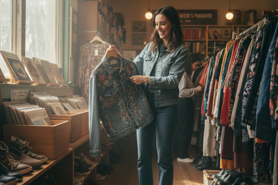A customer finding a specific vintage jacket in a second-hand shop, demonstrating how Sort Mate’s data-backed inventory aligns with local consumer demand.