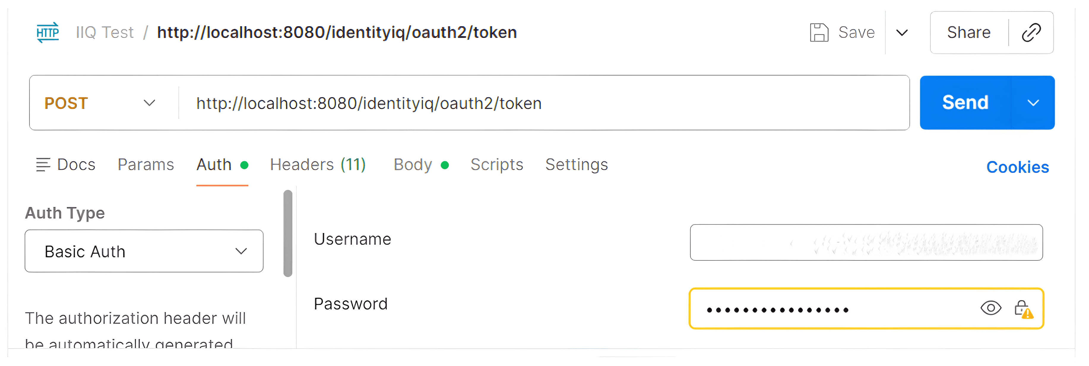 An API client interface showing a POST request configured for a SailPoint IdentityIQ OAuth2 token endpoint with Basic Authentication credentials