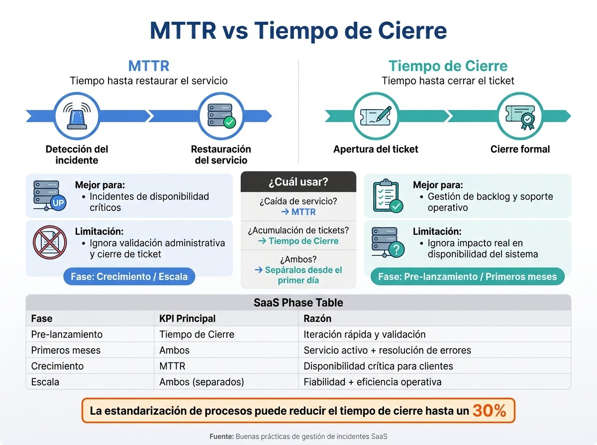 MTTR vs Tiempo de Cierre: Qué KPI Usar y Cuándo