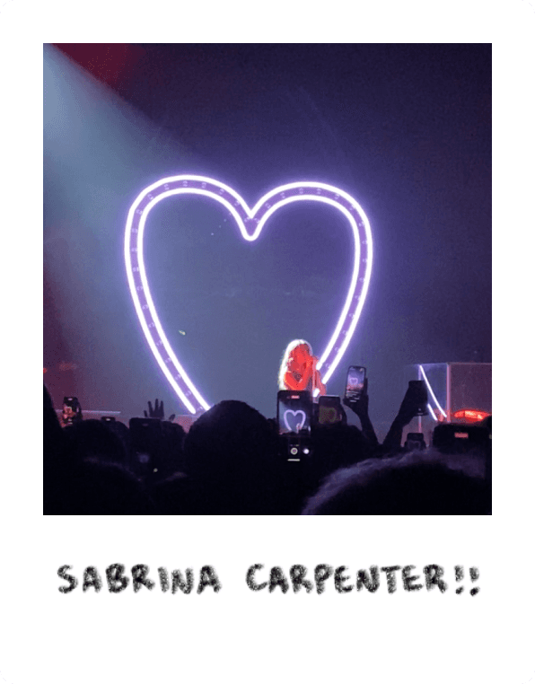 Photo of Sabrina Carpenter and a purple neon heart.