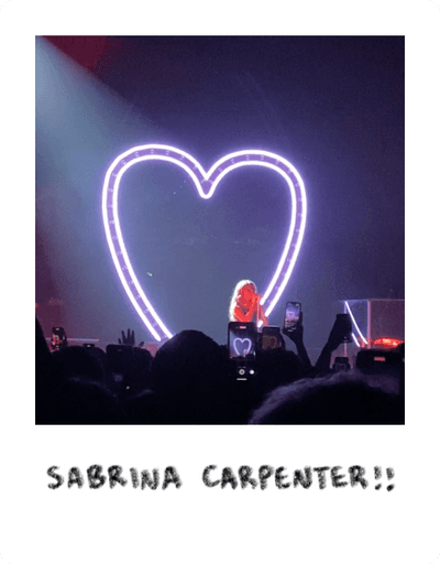 Photo of Sabrina Carpenter and a purple neon heart.