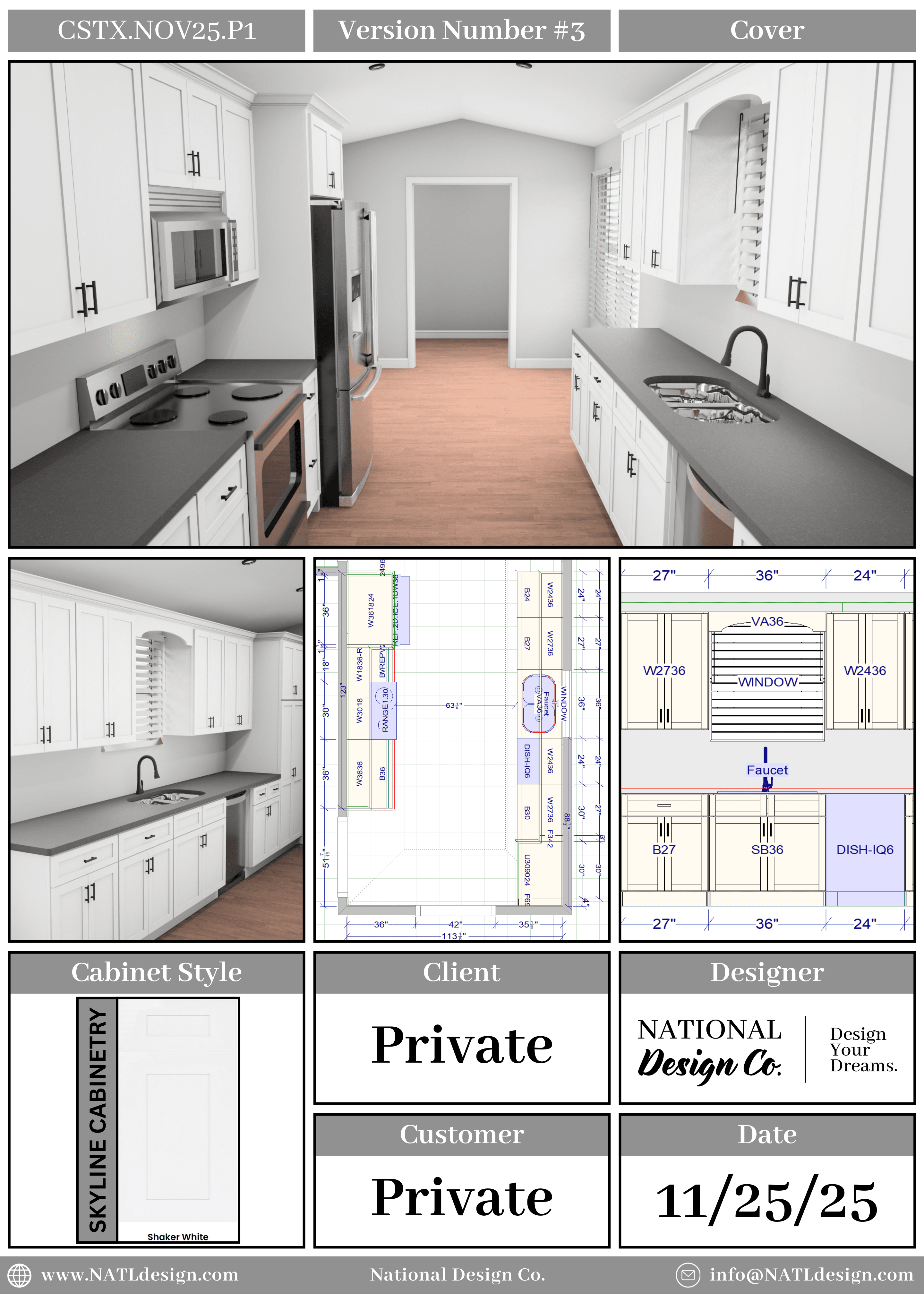 Portfolio Image #19 Sample collage cover page consisting of 4 images of a kitchen design that features a 3D rendering of a modern kitchen with white cabinetry, stainless steel appliances, a peninsula with a sink and bar seating, light-colored walls, and wood flooring.