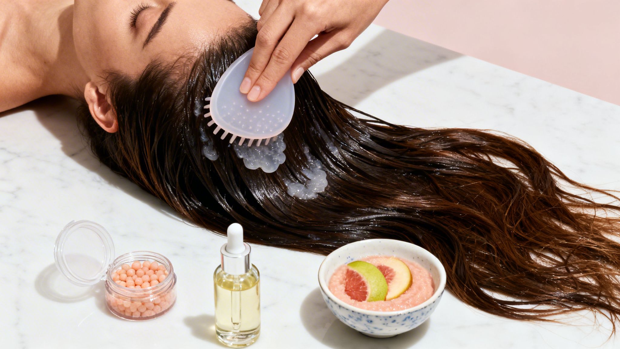 Woman getting a hair treatment brushed through her hair