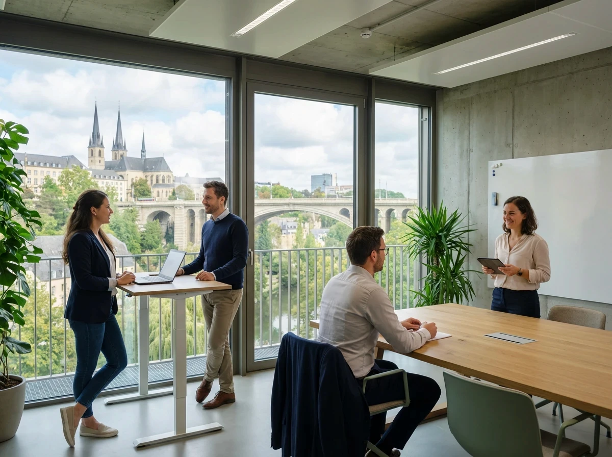 Three professionals in a modern office hallway engaged in a discussion, showcasing a collaborative and professional atmosphere.
