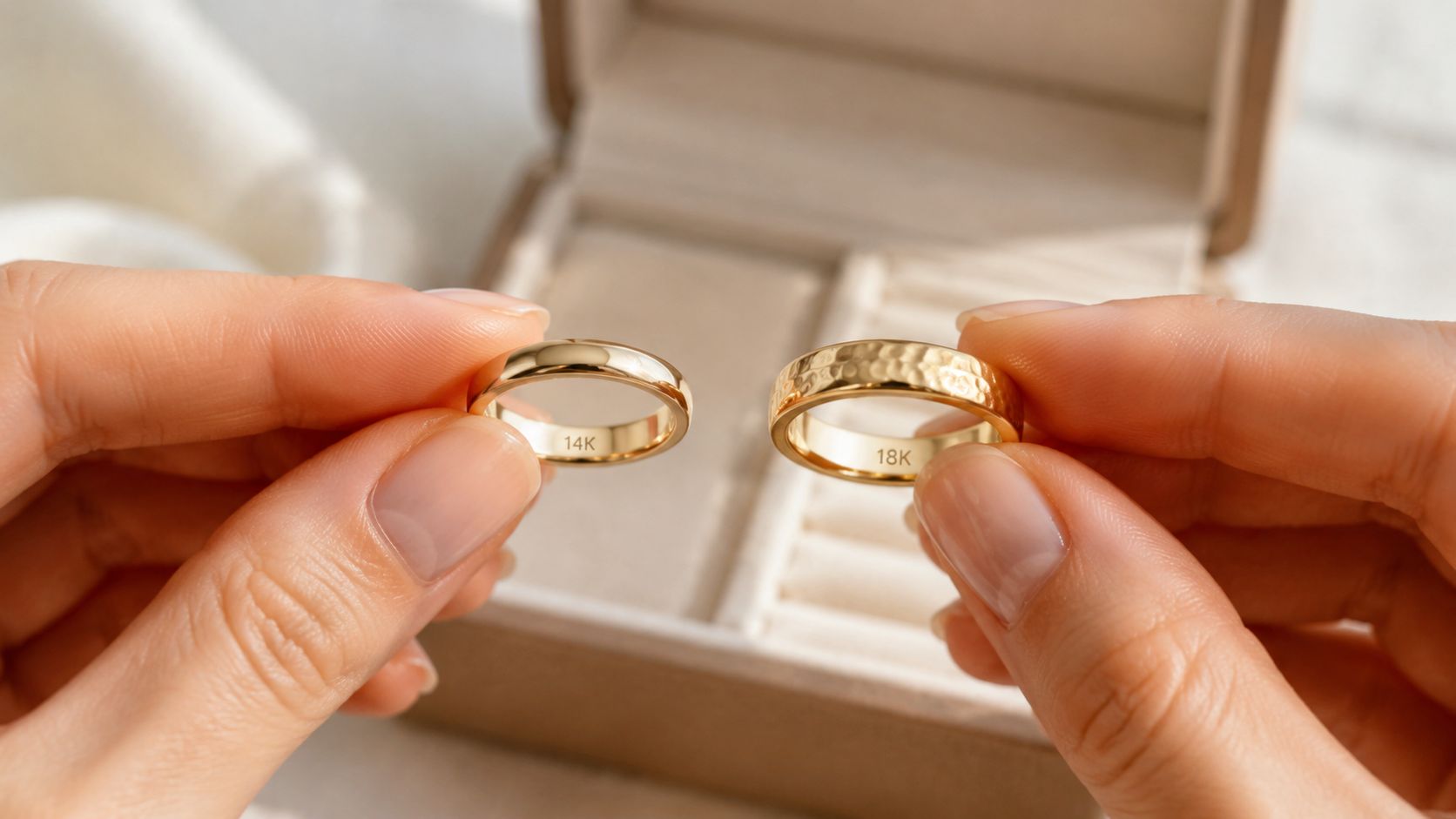 A person holds two gold rings, one labeled 14K and one labeled 18K, in front of a jewelry box.