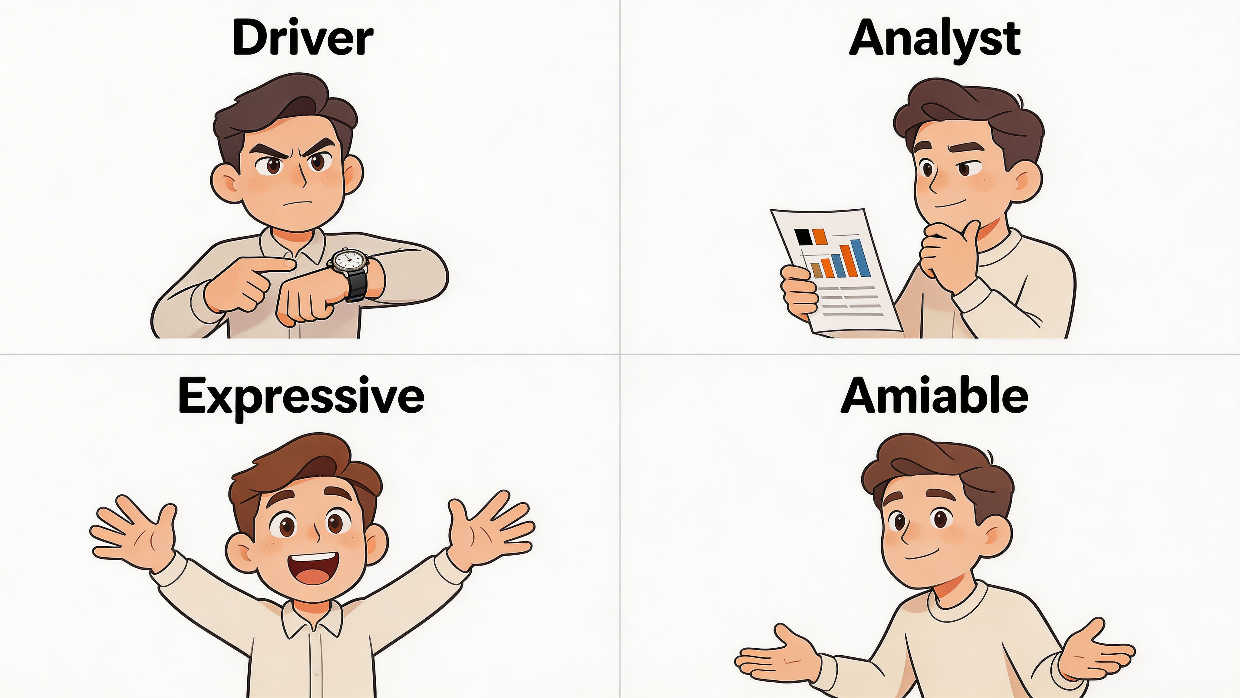 Four cartoon illustrations representing different communication styles: Driver, Analyst, Expressive, and Amiable in a business context.