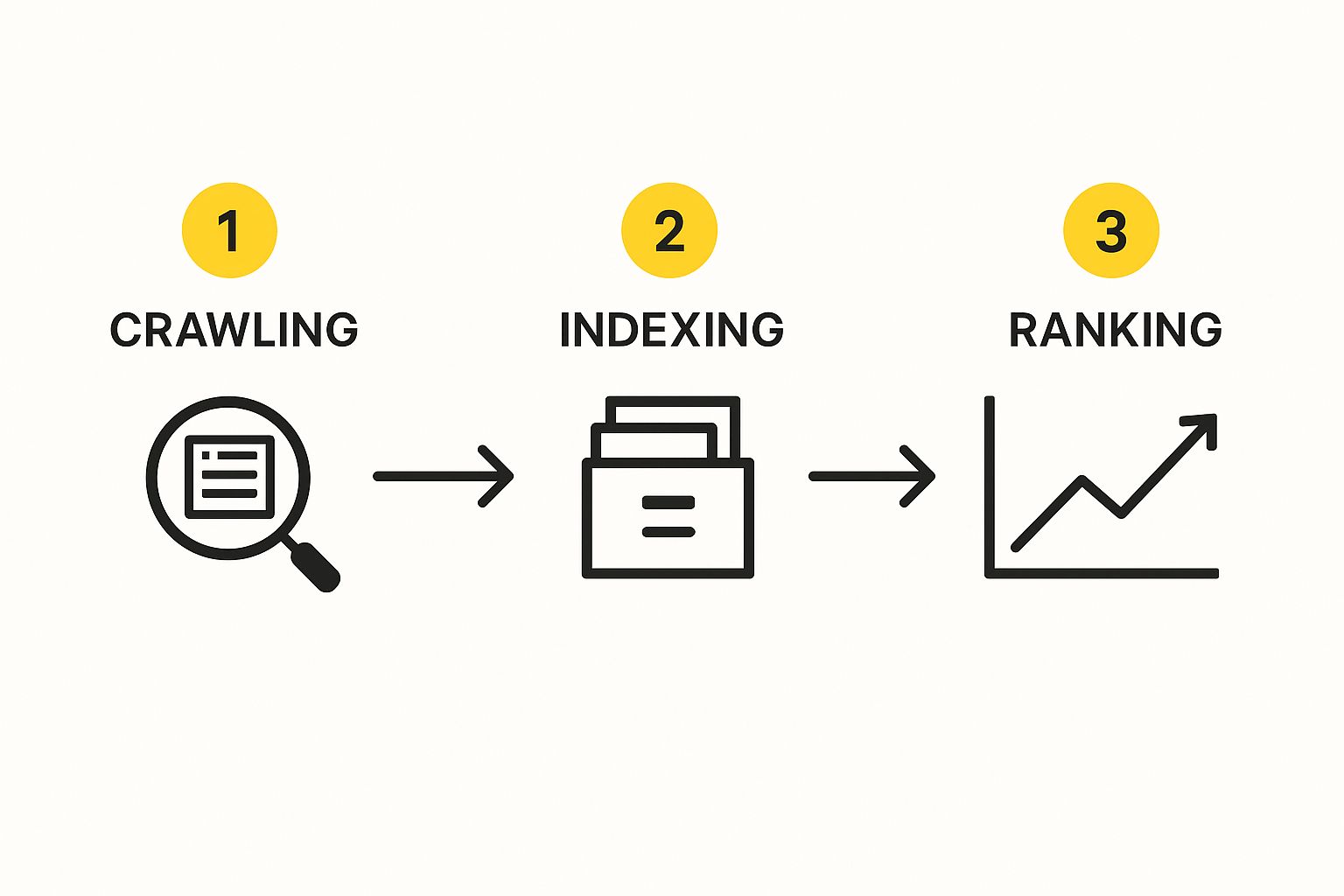 Infographic showing the three steps of how search engines work: Crawling, Indexing, and Ranking.