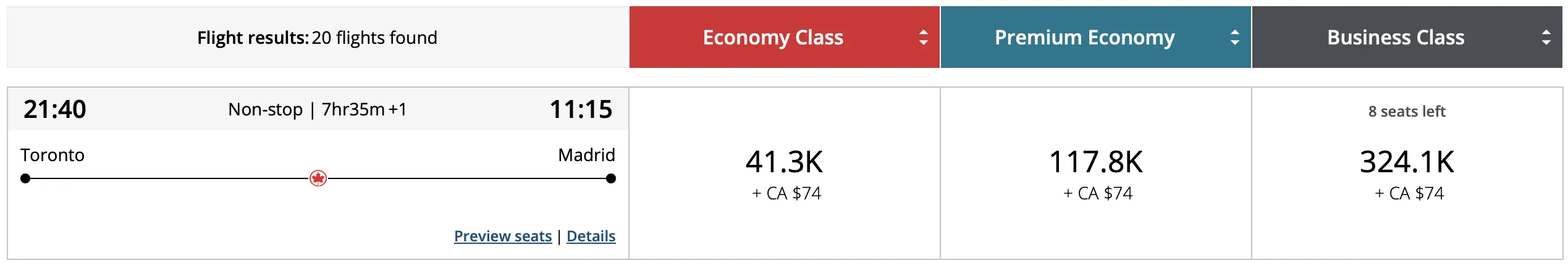 YYZ to MAD direct flight with points